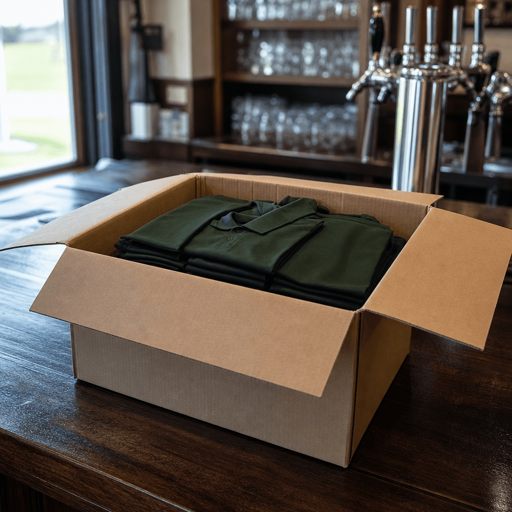 One box of folded club shirts, open on the clubhouse bar