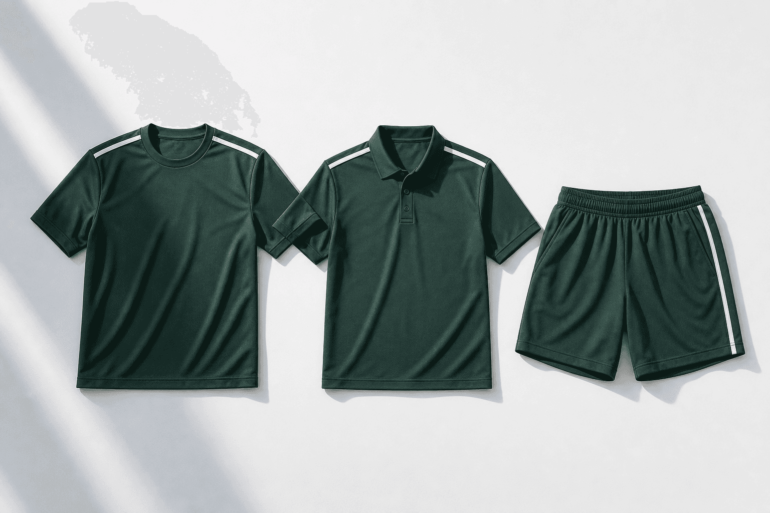 A padel club kit: shirt, polo and short in a club's own colours, laid flat